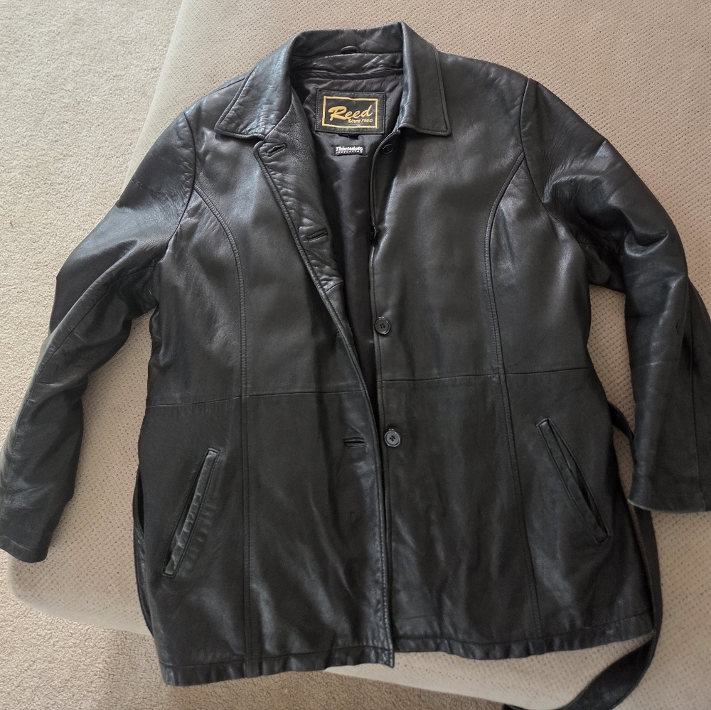 Reed Men’s Black Leather Thinsulate Lined Button Up Jacket Car Coat Size 2XL
